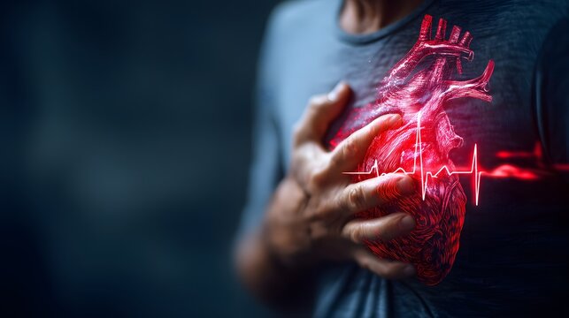 A person clutching their chest with a glowing red heart and heartbeat line overlay, symbolizing cardiovascular health or a heart attack