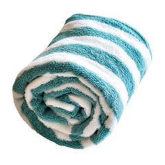 Rolled Turquoise Striped Beach Towel isolated on transparent background.