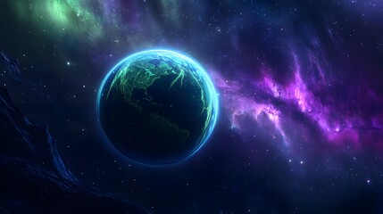 Fototapeta premium Celestial Sphere: An awe-inspiring view of Earth, shimmering amidst a tapestry of cosmic colors in the infinite expanse of the universe, offering a glimpse into the vastness of space.