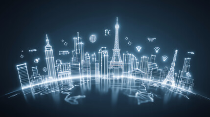 Fototapeta premium 3D Global Financial Network with Floating Business Icons, Data Analytics, and Digital Marketing