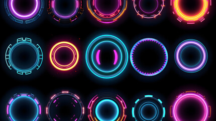 Abstract Glitch Circle Frames on Neon TV Screen for Digital Design Projects