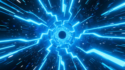 Futuristic Blue Light Tunnel with Digital Data Stream