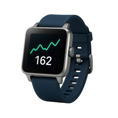 Contemporary square smart watch with a dark screen exhibiting an active line graph and prominent numerical readout.