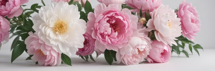 Delicate pink peonies and roses bouquet  White background  Copy space ,  flat lay,  elegance,  floral arrangement