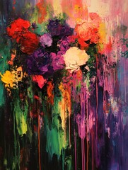 Abstract expressionism in action--wild color explosion with dripping textures and soft glows