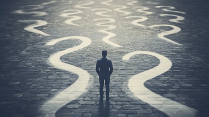Man Standing Before Question Marks on Pavement Deciding Direction to Take