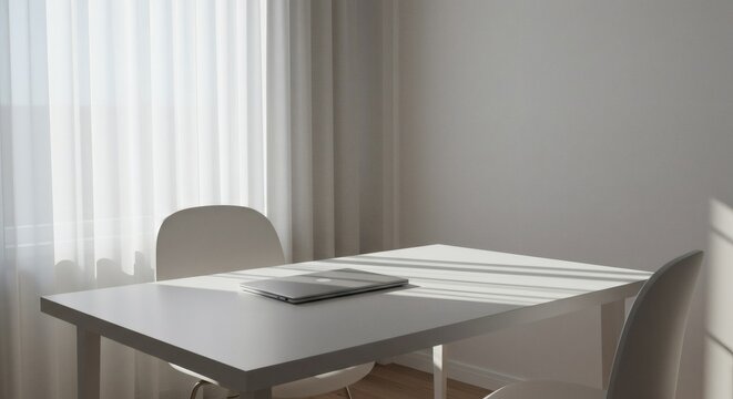 Minimalist workspace setup with a laptop on a white table, bathed in natural light from sheer curtains, creating a serene atmosphere.