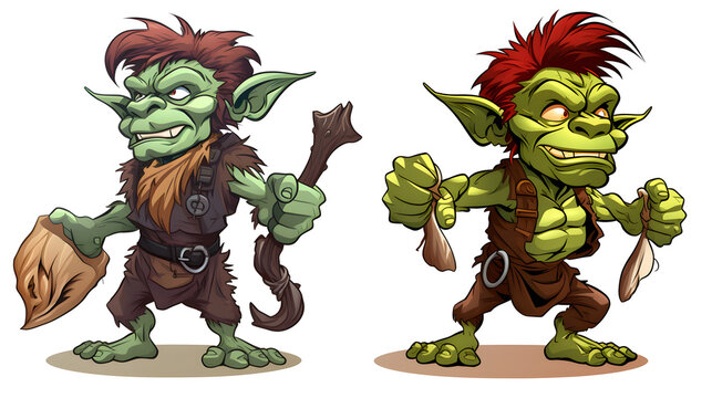 Fantasy goblin or troll character with hunting tool in colorful setting