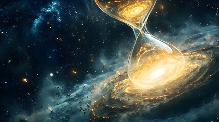 Time's Cosmic Embrace: A mesmerizing cosmic spectacle unfolds as an hourglass, representing time, floats gracefully amidst the swirling galaxies, and celestial elements.