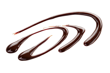 A rich. glossy swirl of melted chocolate artfully drizzled on a white background. showcasing its smooth texture and inviting sheen. ideal for culinary presentations or dessert recipes