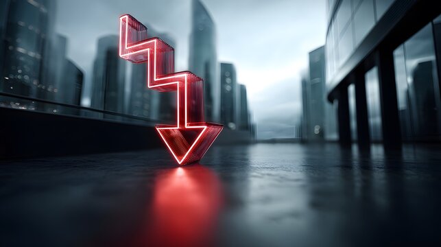 A neon red downward arrow symbolizing decline or decrease, set against a backdrop of a futuristic cityscape with tall buildings and a dark, moody atmosphere.