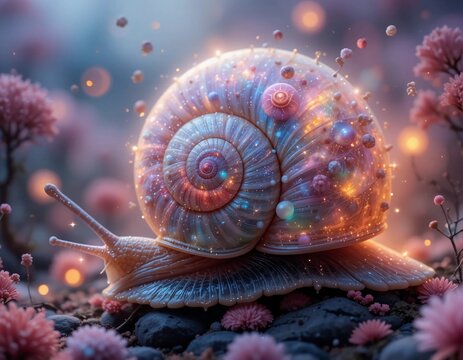 A close-up view of a snail shell, its coiled surface morphing into a swirling galaxy
