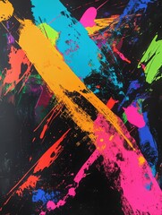 Abstract expressionism using high-gloss neon inks over matte black backdrop