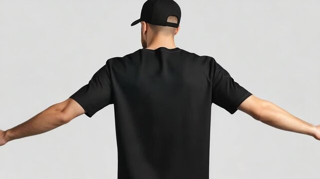 Black T-Shirt Mockup: Back View of a Man Wearing a Blank Black Tee and Cap