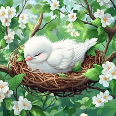 Fluffy brown bird with a soft egg in its nest on a spring flower branch