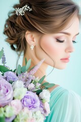 Obraz premium Young woman with elegant updo and pearl hairpin holding pastel bouquet with closed eyes, wearing soft aqua dress against light blue background