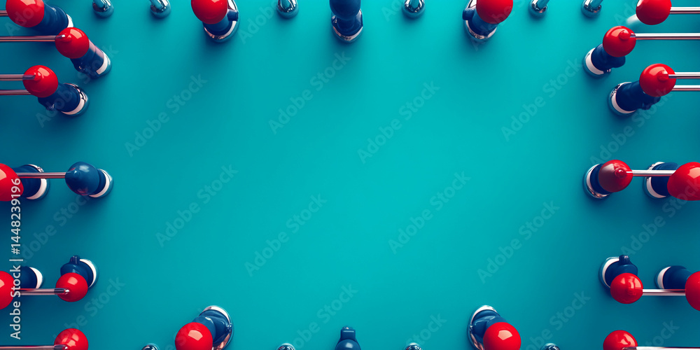 Poster red and blue spheres on metallic rods form a frame on a turquoise background, creating a clean and m
