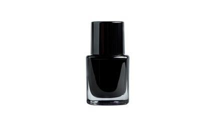 A sleek black nail polish bottle stands prominently against a minimalist background. showcasing its glossy finish and modern design. ideal for beauty and cosmetic marketing