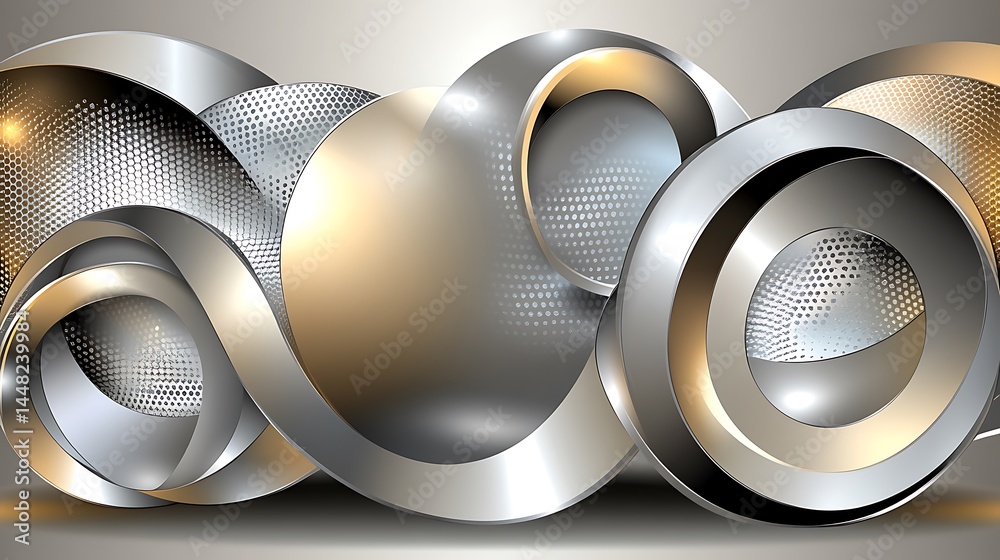 Poster abstract background with metallic circles and a gradient. silver, gold, and gray tones. interlocking
