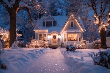 Snow Covered House with Festive Lights at Night. MZ 