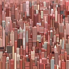 Obraz premium Abstract illustration of a dense cityscape, rendered in varying shades of red, pink, and beige. Buildings are depicted in a blocky, slightly pixelated style, creating a textured, almost three