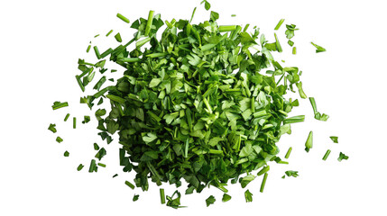 Freshly chopped green herbs arranged in a spherical shape. showcasing vibrant colors and textures. with a blurred kitchen background suggesting culinary preparation