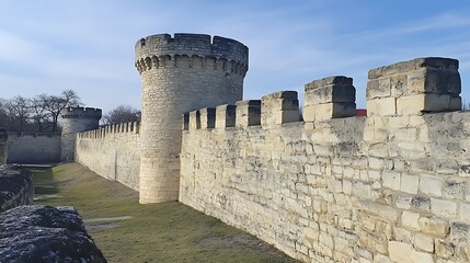 Exploring Medieval Castle Walls and Towers Under a Clear Blue Sky