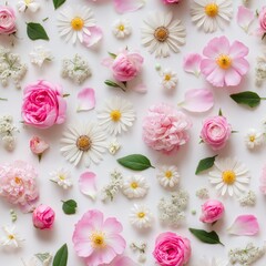 Elegant Flat Lay of Pink & White Flowers on White Background, Floral Wallpape