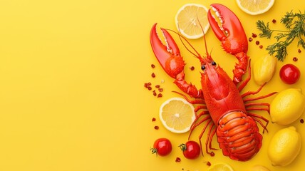 A lobster with claws of red bell peppers, a body of cherry tomatoes, and lemon slices for eyes, vibrant and cheerful, digital art.