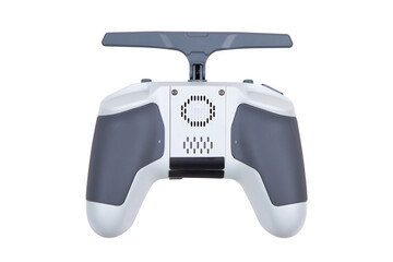 Back view of white and gray drone controller with textured grips and antenna, isolated on white back