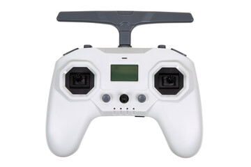 White RC drone controller with LCD display and dual sticks..