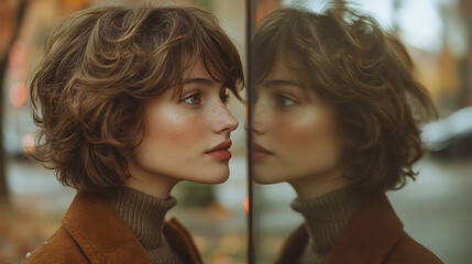 A woman's elegant reflection in an autumnal setting