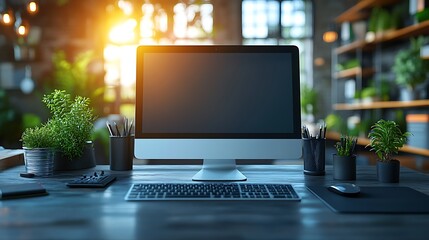Modern workspace with computer and plants in natural light home office setup for productivity with blank screen and cozy atmosphere
