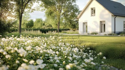 Charming white country house with blooming garden and lush green lawn in summer sunset light