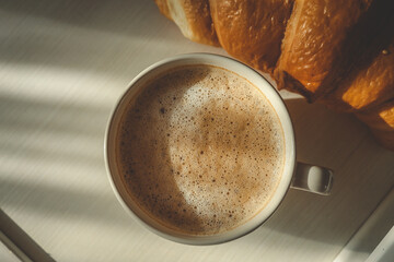 Close-up of foamy cappuccino in white cup next to golden croissant on tray, captured in soft morning light on a white wooden surface