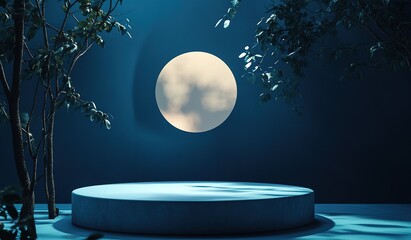 Blue Moonlight Night Scene With Empty Round Podium
