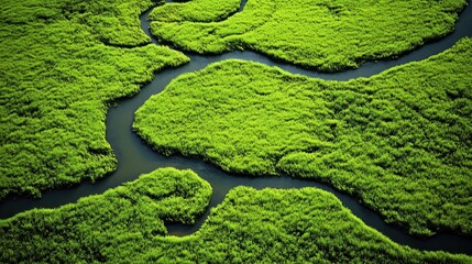 Lush green islands, winding waterways.  Tranquil, natural landscape, top-down view