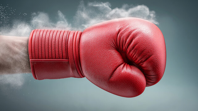 Red boxing glove punches through the air, scattering particles — symbol of power, speed and determination.