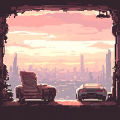 Fototapeta premium Pixel art depicting two cars parked overlooking a futuristic city skyline at sunset. The scene is viewed through a weathered stone frame, adding a sense of age and decay to the otherwise modern