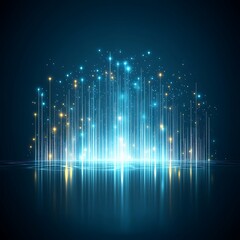 Abstract digital cityscape at night, glowing blue and gold vertical lines with bright light reflecting on dark water, futuristic and technological concept