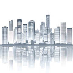 Obraz premium Gray city skyline reflected in water, minimalist style, urban landscape illustration. Modern cityscape with various building heights and shapes, clean lines, simple design. The image evokes a sense