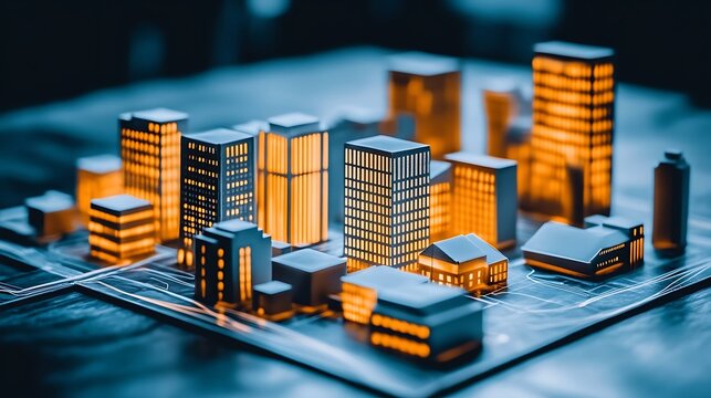 Illuminated cityscape model at night, showcasing a detailed arrangement of white and orange buildings on a dark surface. The image evokes a sense of urban planning and futuristic design