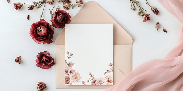 Blank card in peach envelope, surrounded by dried red flowers and pink fabric, showcasing elegant stationery mockup for wedding invitation or romantic message - Powered by Adobe