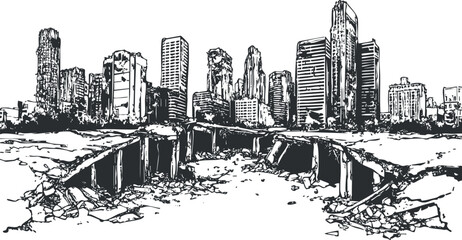 Fototapeta premium Black and white sketch of a post-apocalyptic city with ruined skyscrapers and destroyed streets