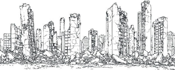 Fototapeta premium Black and white line drawing of a destroyed cityscape with crumbling and ruined skyscrapers surrounded by debris and ruins