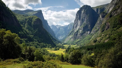 Fototapeta premium Majestic Mountain Valley Surrounded by Lush Greenery and Peaks