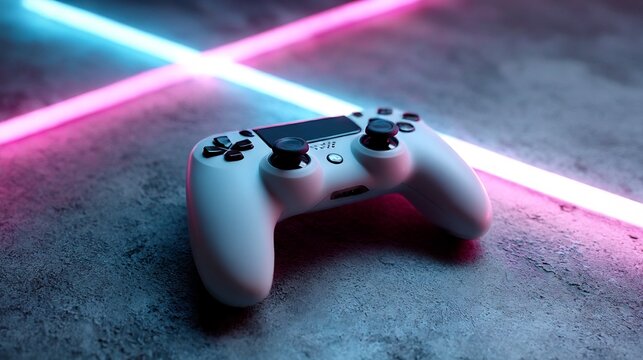 Immersive gaming experience, a controller bathed in neon radiance and digital light