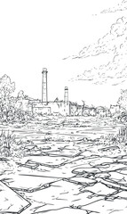 Fototapeta premium Black and white sketch of an abandoned industrial factory with chimneys and cracked ground under a cloudy sky.