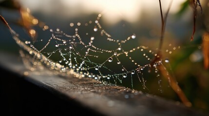 Dew-covered Spider Web Sparkling in Morning Light with Nature Background
