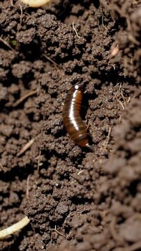 Click beetle larva crawling in soil